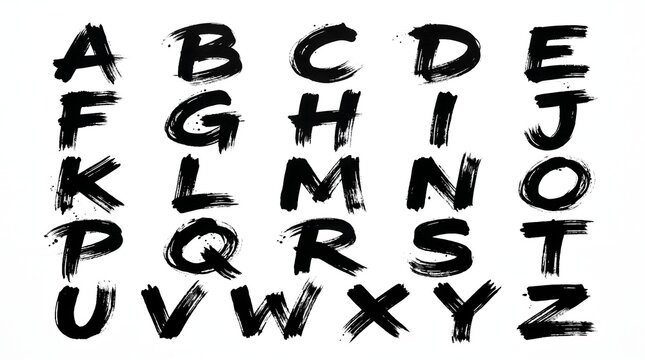  Black brush alphabet A to Z isolated on white background, hand-painted grunge lettering set