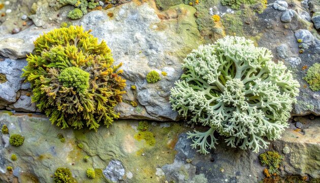 Lichen and Moss Slowly Colonizing a Textured Stone Surface in Macro Detail