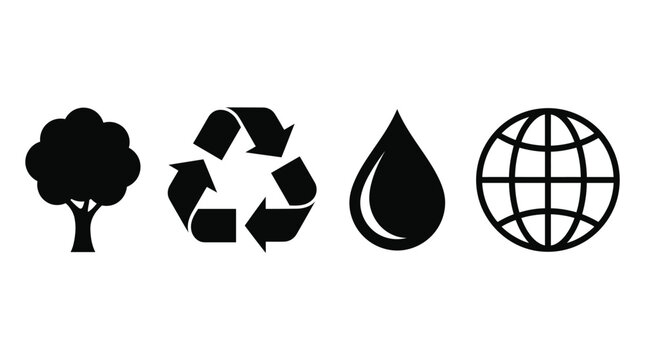 Eco Friendly Icon Set with Tree Recycling Symbol Water Droplet and Globe for Sustainability Design