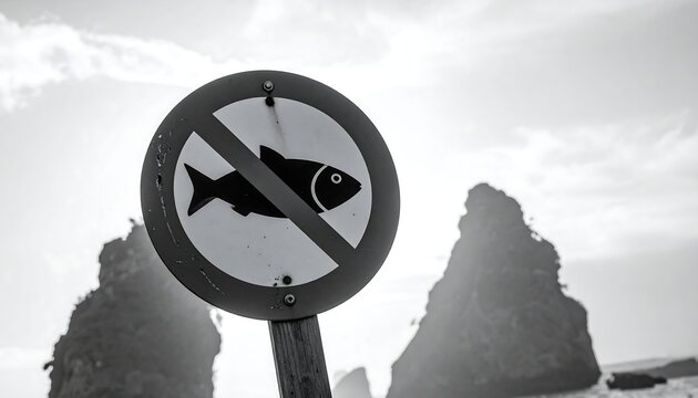A black and white photo of a sign with a fish symbol and a diagonal line, indicating no fishing allowed, in front of two large rock formations