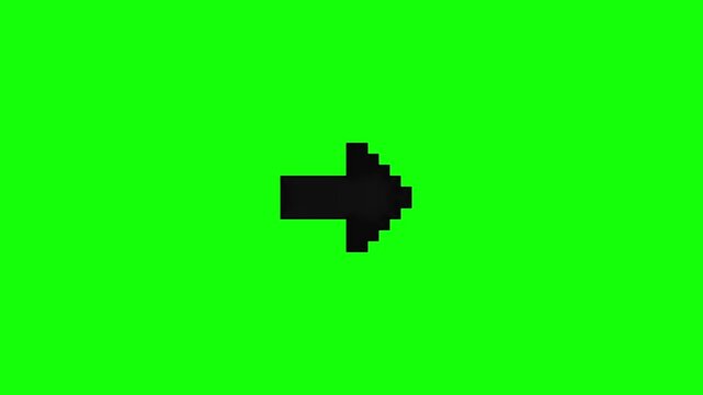 Pixelated black arrow pointing right on vibrant green screen background retro style