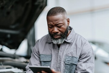 Fototapeta premium Mechanic inspecting tablet with car hood open in garage