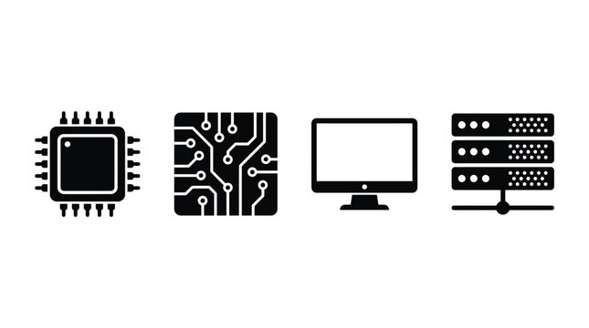 Technology Icons Set with Microchip Circuit Board Computer Monitor and Server for IT and Digital Infrastructure Design