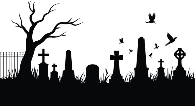 Eerie cemetery silhouette featuring ancient tombstones, a gnarled bare tree, and black crows flying in a dark setting.