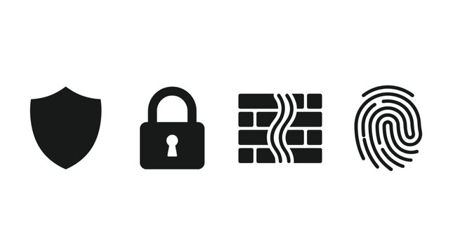 Security Icons Set with Shield Lock Fingerprint and Firewall Symbols for Cybersecurity and Data Protection