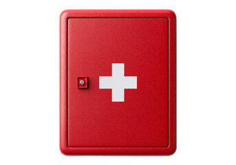 Fototapeta premium First Aid Box: A vibrant red first aid kit with a prominent white cross symbol is ready for any emergency.