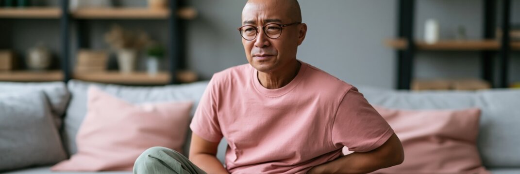 Older man experiencing back pain while seated on couch indoors