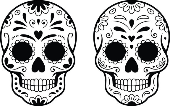 Two high contrast hand drawn black and white sugar skulls with festive floral patterns on a clean white background.