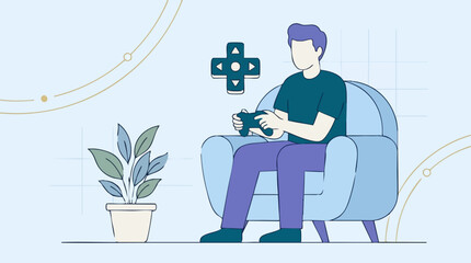 Vector illustration of a person gaming comfortably on an armchair at home © Siamart