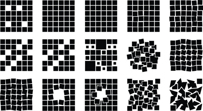 Black squares in grid and scattered arrangements on white background pattern