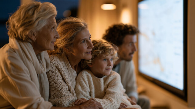Multigenerational family gathered in a living room comparing smart property listing data on a wall display connected to an AI home recommendation engine, grandmother and