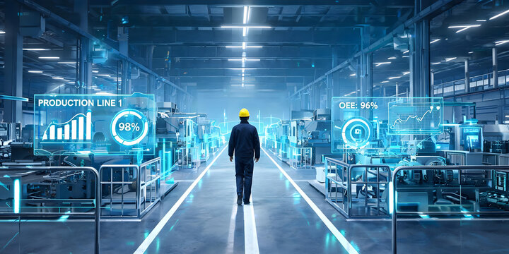 Factory worker walks through smart industrial plant with augmented reality data overlays.