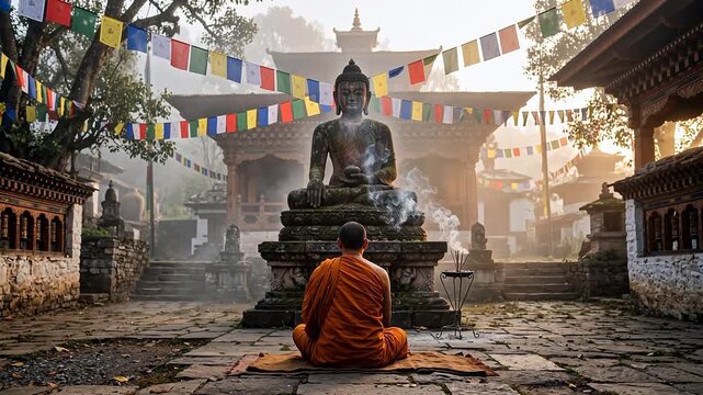 Buddhist monk in saffron robes meditating before an ancient stone Buddha statue in a misty temple courtyard with prayer flags and rising incense &mdash; seamless looping meditation background
