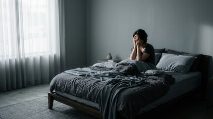 Fototapeta premium Person Hiding Face While Sitting On Bed In Dark Room