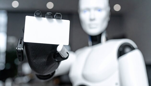 A futuristic humanoid robot holds out a blank white card in its mechanical hand. The robot has a white body and black accents, with bright blue eyes.