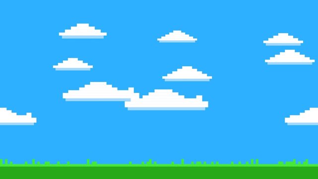 Pixel Art 8-Bit Daytime Scenery Background, Retro Classic Arcade Game Level with Scrolling Clouds and Grass, Seamless Loop 4K