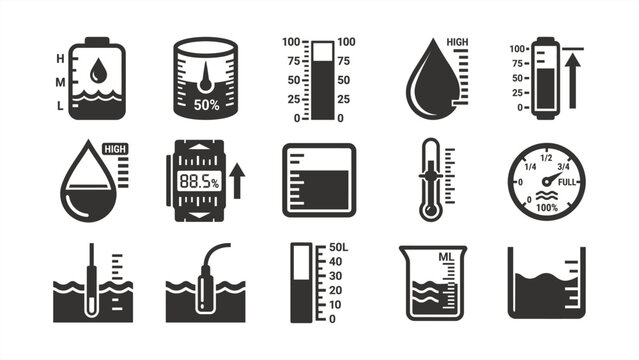 Liquid level measurement icon set. Fluid volume, water tank sensor, beaker, and gauge vector symbols.