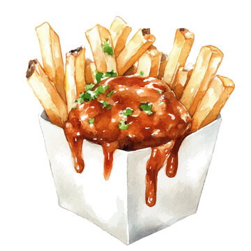 Poutine, vector watercolor, painting isolated on a white background.