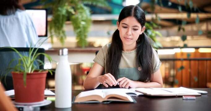 Reading, student and woman with book in library, exam preparation and studying for test knowledge. Education, learning or university scholar with course revision for assessment, writing notes or info