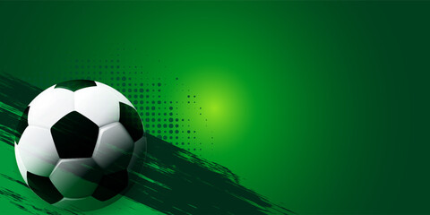 Modern soccer banner background featuring a football with dynamic abstract shapes, halftone textures, and stylized field elements. © Muis