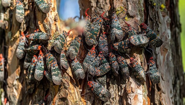 A large swarm of spotted lanternflies covering tree bark, illustrating an invasive insect infestation.
