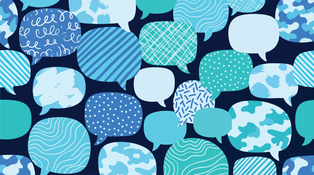 Seamless speech bubble pattern with blue textured talk clouds, hand drawn chat bubbles background, communication and social media vector illustration