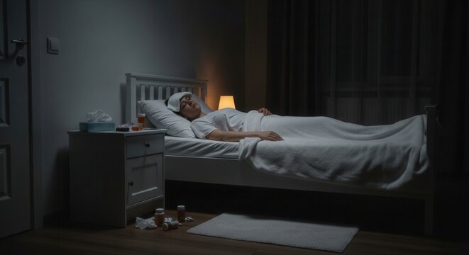 Person Recouping From Illness In Dark Bedroom At Night