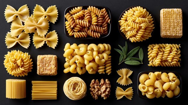 Assortment of Italian pasta varieties and ingredients on a dark background