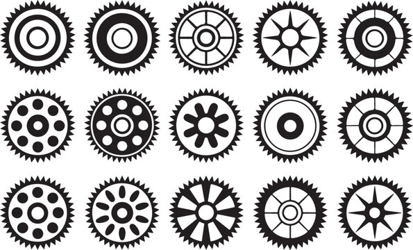 Industrial gear wheel icons collection featuring circular mechanical parts with different teeth patterns and internal frame styles.