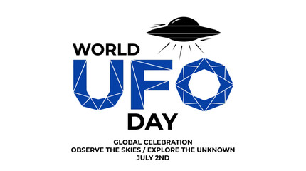 World UFO Day Celebration Graphic with Flying Saucer and Geometric Design © Child