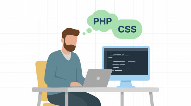 Programmer working on computer, thinking about PHP and CSS web development