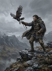 Fototapeta premium Hunter and Eagle on a Mountain Cliff: A rugged hunter, clad in traditional garb and leather armor, stands on a windswept mountain precipice.