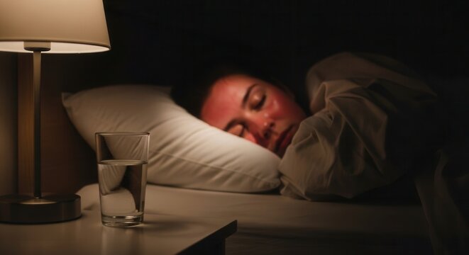 Person Sleeping With Red Face And Water Glass Bedside