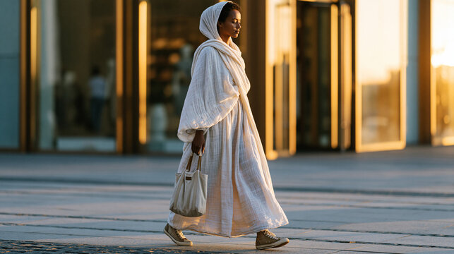 Young Ethiopian woman in Addis Ababa wears a traditional habesha kemis paired with vintage sneakers walking through a modern shopping district, cultural identity fashion as