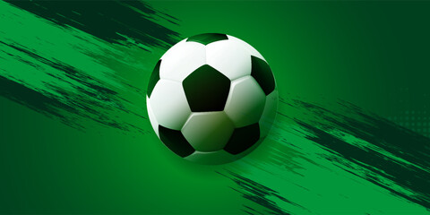 Modern soccer banner background featuring a football with dynamic abstract shapes, halftone textures, and stylized field elements. © Muis