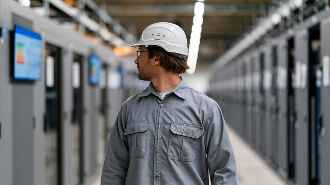 Data center facilities engineer walking between towering server racks cooled by liquid immersion tanks inside a green hydrogen-powered facility, energy efficiency dashboards