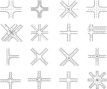 Road intersection junctions set containing various crossroads traffic routes pathways street layouts urban infrastructure grid.