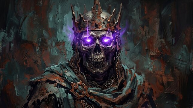 Undead Monarch: A skeletal king adorned with a crown and glowing purple eyes emanates an aura of dark power and ancient mystery, set against a foreboding, textured backdrop.