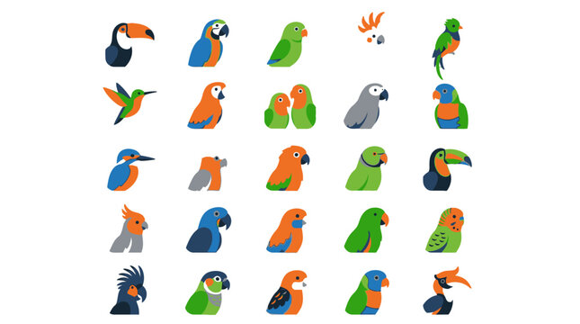 Colorful parrots in various poses.