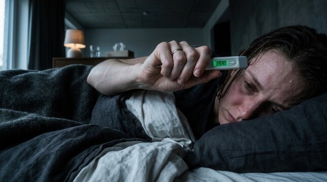 Person Taking Temperature While Sick In Bed With High Fever