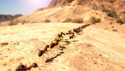 Obraz premium Disciplined ants marching in a long line across a sun-baked desert floor, carrying food for their colony