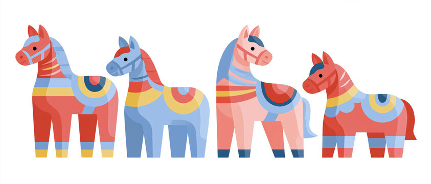 Colorful Swedish Dala horses in flat vector style  