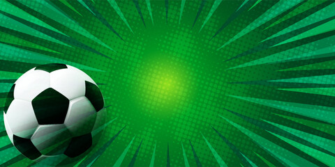 Modern soccer banner background featuring a football with dynamic abstract shapes, halftone textures, and stylized field elements. © Muis