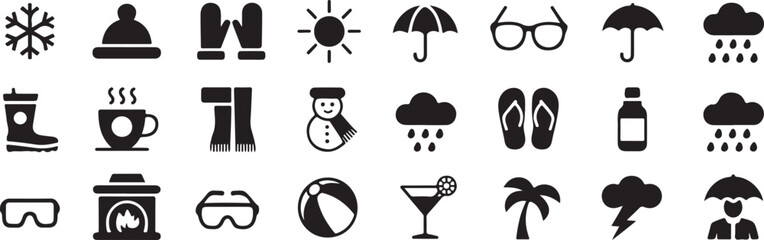Fototapeta premium Weather and season icons showing snowflake hat gloves sun umbrella glasses rain flip flops and fireplace.