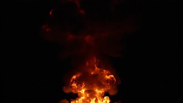 Realistic massive fireball explosion with a mushroom cloud rising against a black background for action movie visual effects