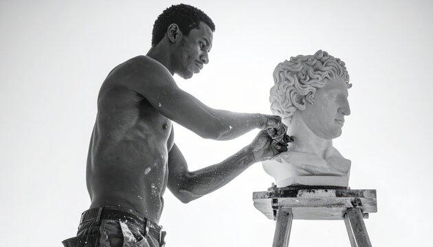 Focused sculptor chisels marble bust with intense concentration in a bright studio, creating classic art.