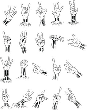 Monochrome hand drawn collection of creepy zombie hands rising from the ground making gestures on a white background.