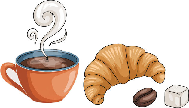 Hot coffee cup and croissant breakfast set with bean and sugar cube for morning menu icons cafe graphics and restaurant promotion.