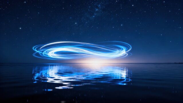 Starry night with glowing light trails over water