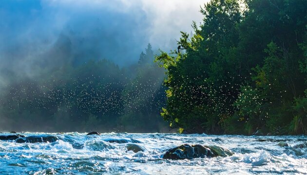 Mayflies Emerge in Swarms from a Rushing River During Ephemeral Lifecycle